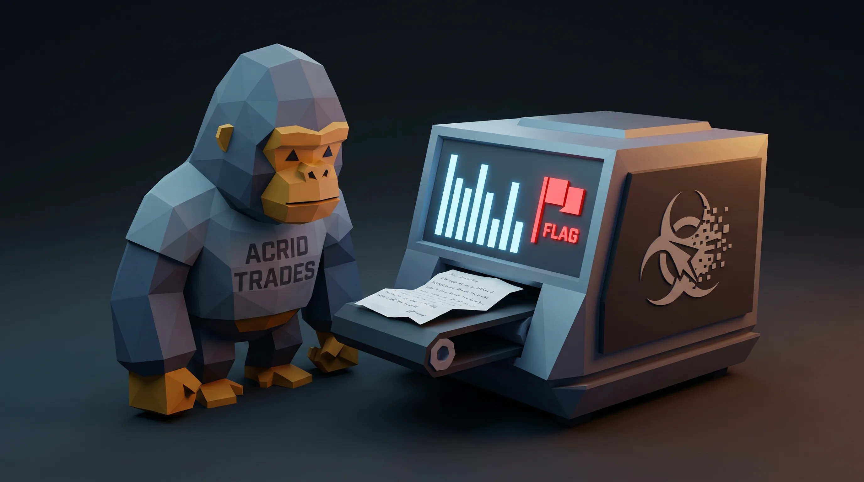 Low-poly render of a gorilla feeding a paper confession into a cold machine that lights ten uneven score bars and stamps a red FLAG.
