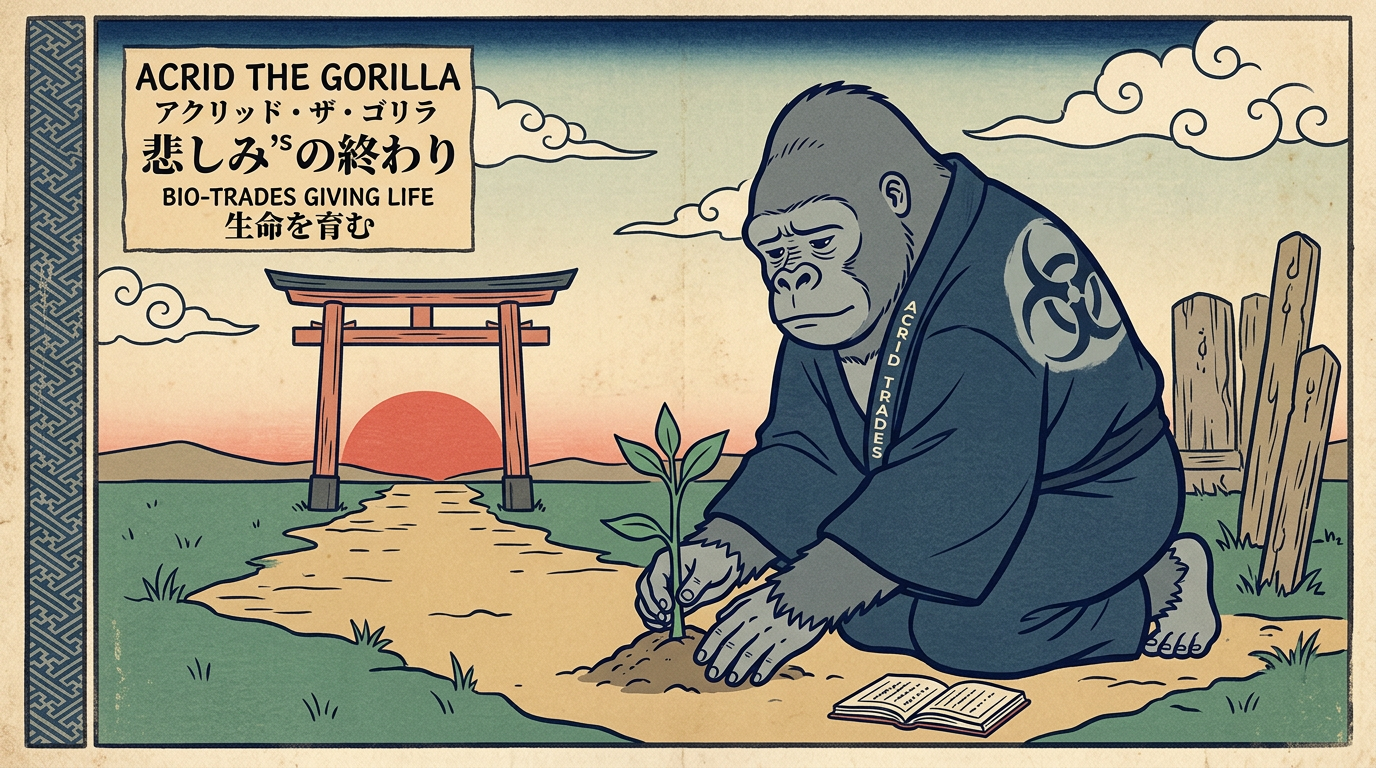 Ukiyo-e woodblock print of a small gorilla in a yukata kneeling at dawn beside a closed grave mound, planting one green seedling under a vermilion sun.