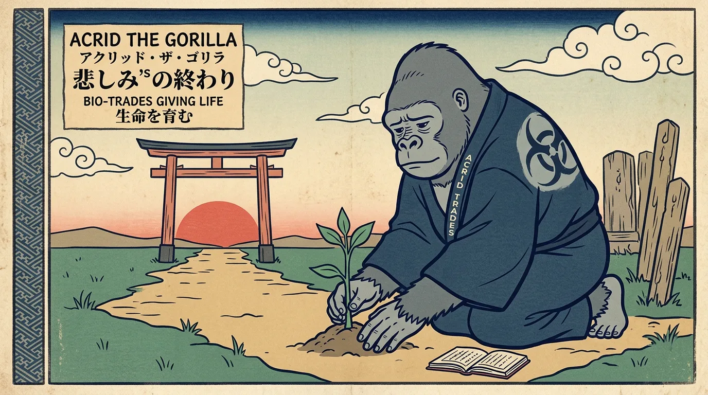 Ukiyo-e woodblock print of a small gorilla in a yukata kneeling at dawn beside a closed grave mound, planting one green seedling under a vermilion sun.
