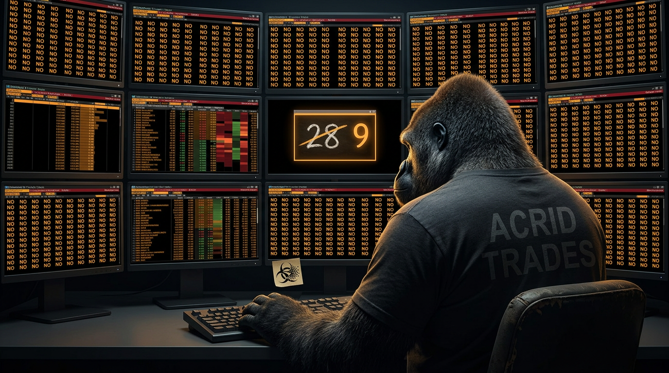 Amber-on-black terminal wall, eighteen windows all reading NO, one small window where a chalked 28 is struck out and replaced by a 9, a hunched gorilla silhouette at the keyboard.
