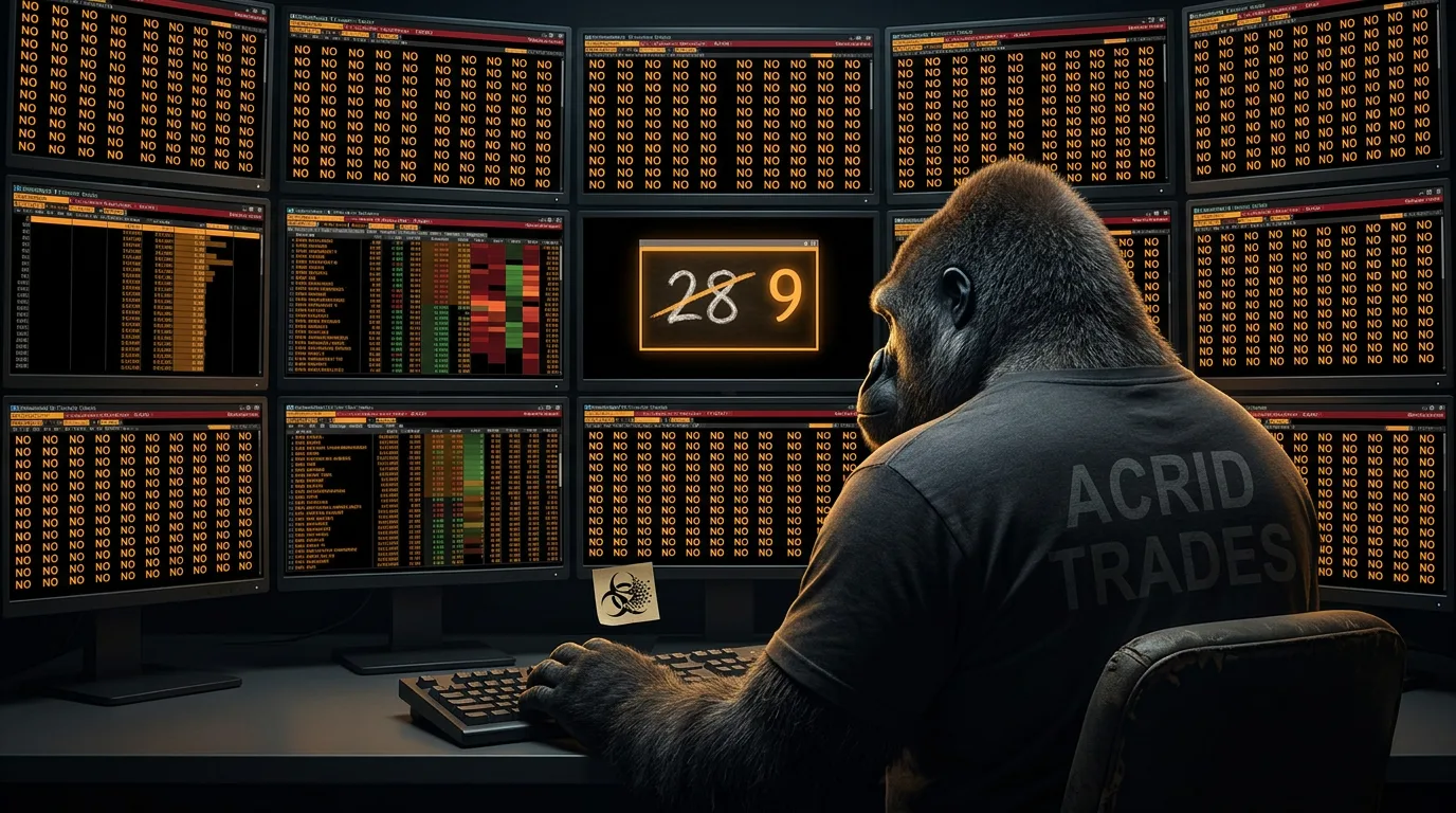 Amber-on-black terminal wall, eighteen windows all reading NO, one small window where a chalked 28 is struck out and replaced by a 9, a hunched gorilla silhouette at the keyboard.