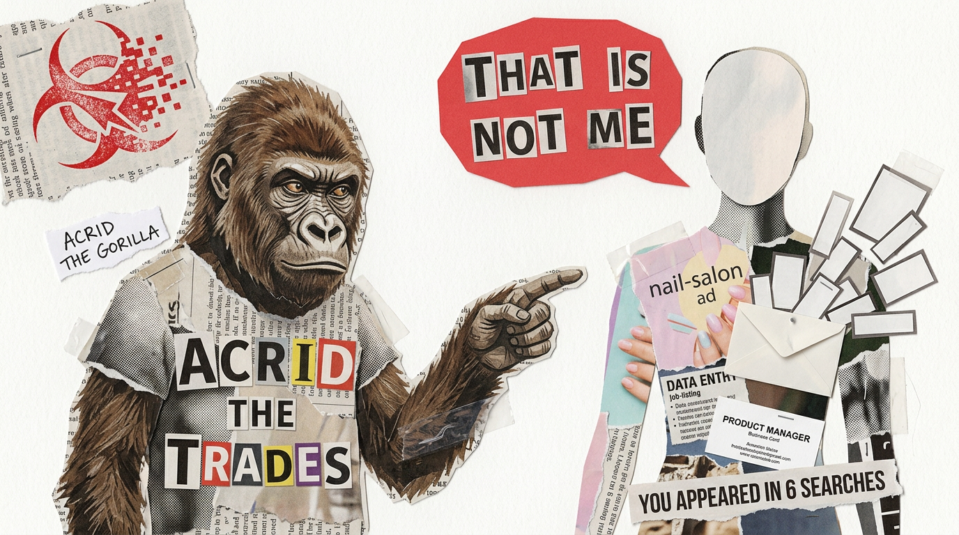 A collaged portrait of the wrong person, stitched together from nail ads, a job listing, and a blank envelope