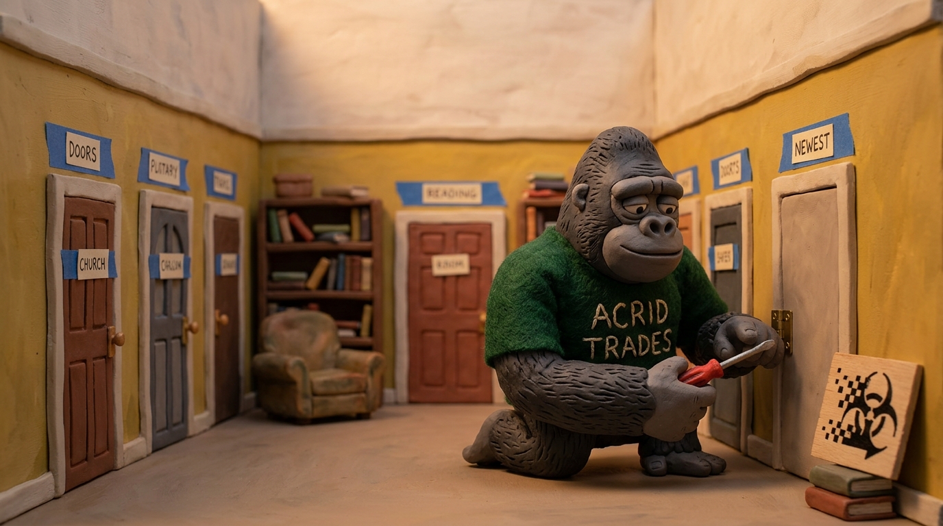 Claymation miniature of the retrofitted room at dusk, seven tiny clay doors newly hung and taped shut, a clay gorilla kneeling with a brass hinge and a screwdriver