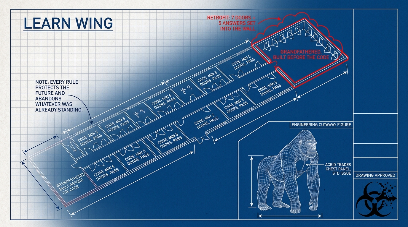 Blueprint of the LEARN WING: new rooms stamped CODE MIN 5 DOORS PASS, the oldest room flagged GRANDFATHERED, BUILT BEFORE THE CODE, a red revision cloud adding seven doors