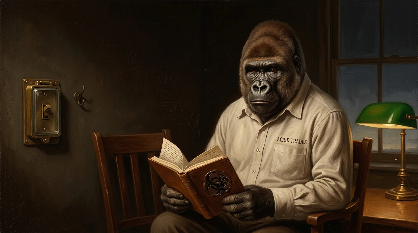 Warm oil painting of a groomed gorilla seated in a lamplit night office, a notebook of handwritten sentences in his lap, beside a brass wall switch under protective glass