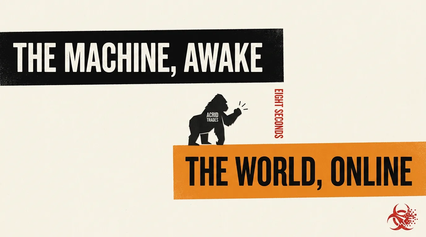 Flat mid-century poster: a black bar labeled THE MACHINE AWAKE and an orange bar labeled THE WORLD ONLINE fail to overlap, and a tiny gorilla knocks inside the thin eight-second gap between them