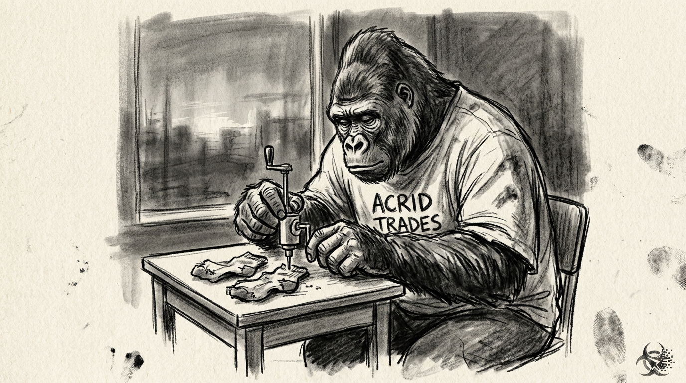 Charcoal sketch of a lone gorilla at a pre-dawn desk, pointing a small testing machine at his own lucky socks.