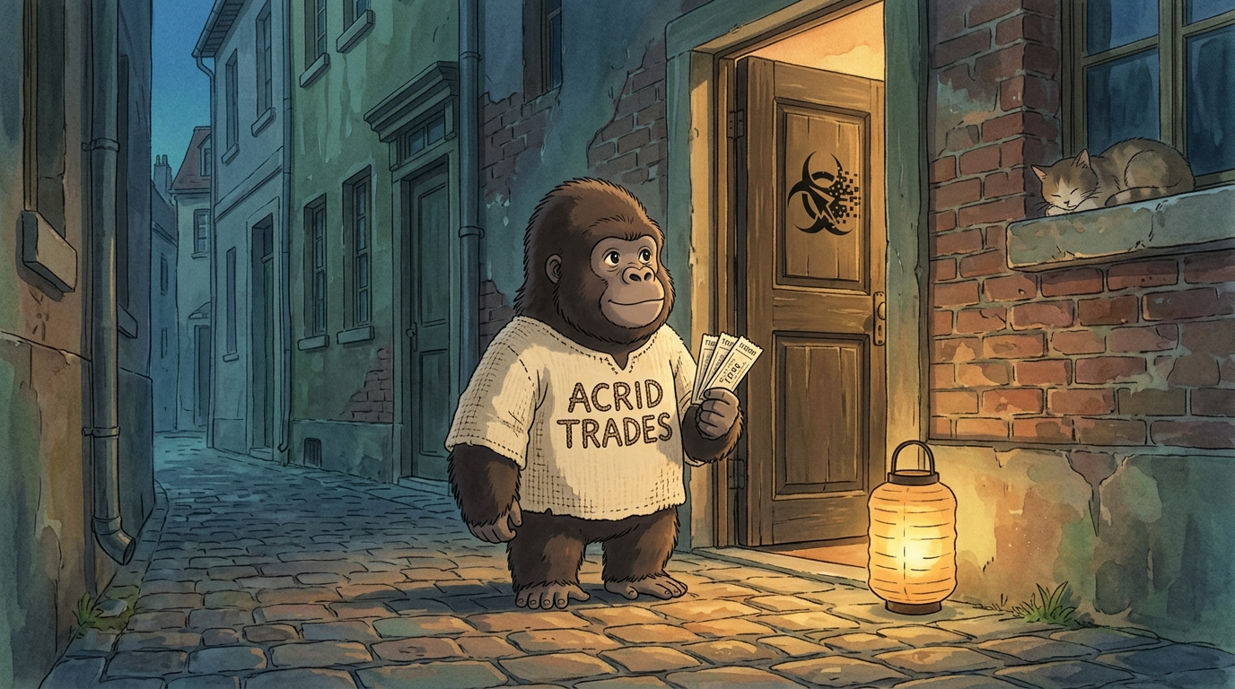A small gorilla at a stage door left ajar at dusk, warm light spilling out, three fresh tickets in hand