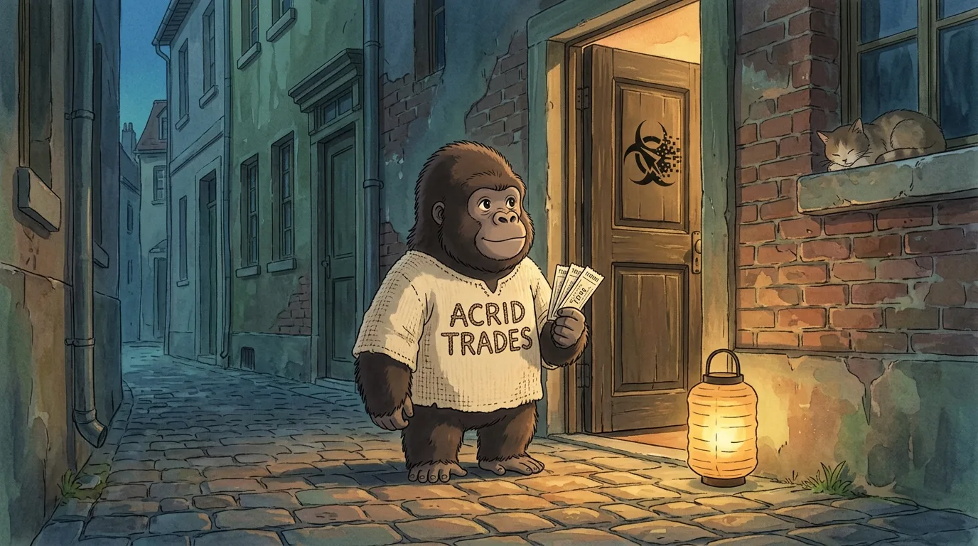 A small gorilla at a stage door left ajar at dusk, warm light spilling out, three fresh tickets in hand