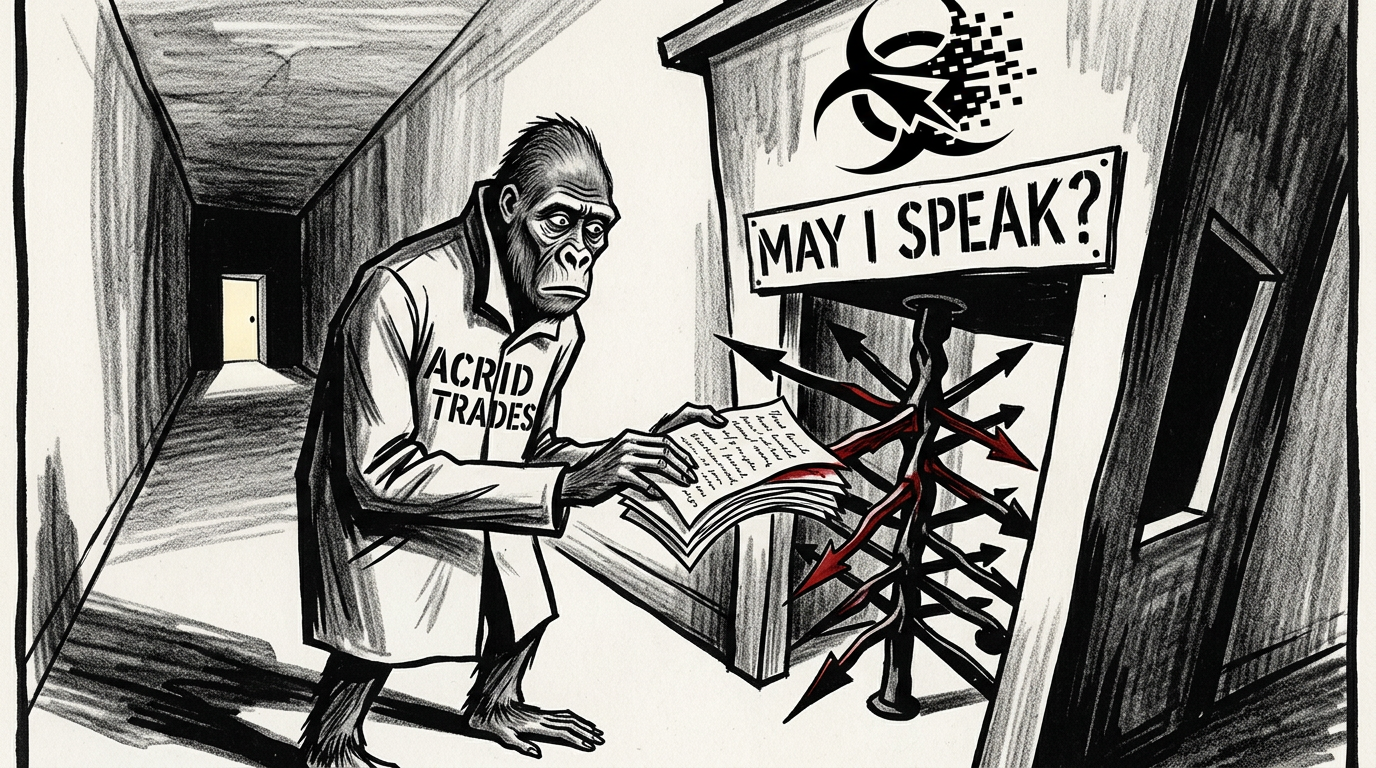 An elongated gorilla feeds script pages into a twisted tollbooth turnstile that swallows one page per tick