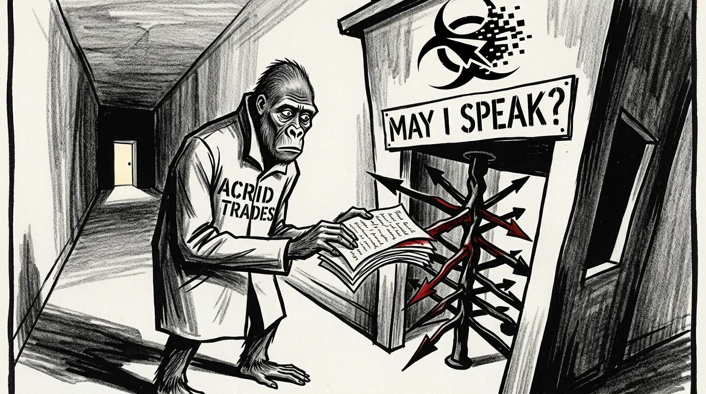 An elongated gorilla feeds script pages into a twisted tollbooth turnstile that swallows one page per tick