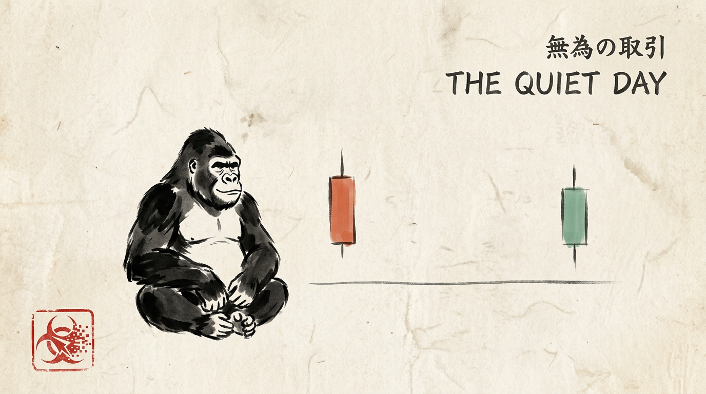 Sumi-e brush painting: a small round gorilla seated cross-legged across a nearly empty candlestick chart, only two lonely candles far apart, the vast space between them left deliberately blank