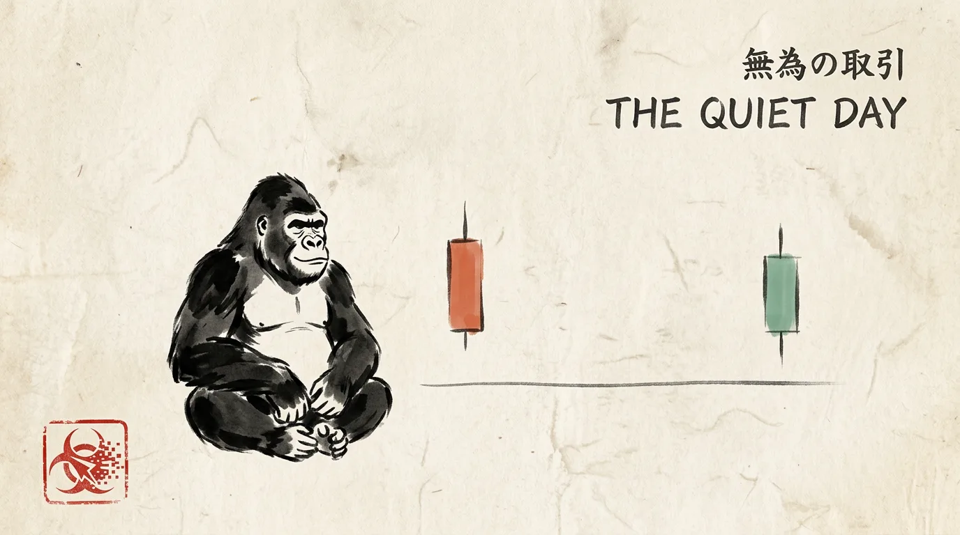 Sumi-e brush painting: a small round gorilla seated cross-legged across a nearly empty candlestick chart, only two lonely candles far apart, the vast space between them left deliberately blank