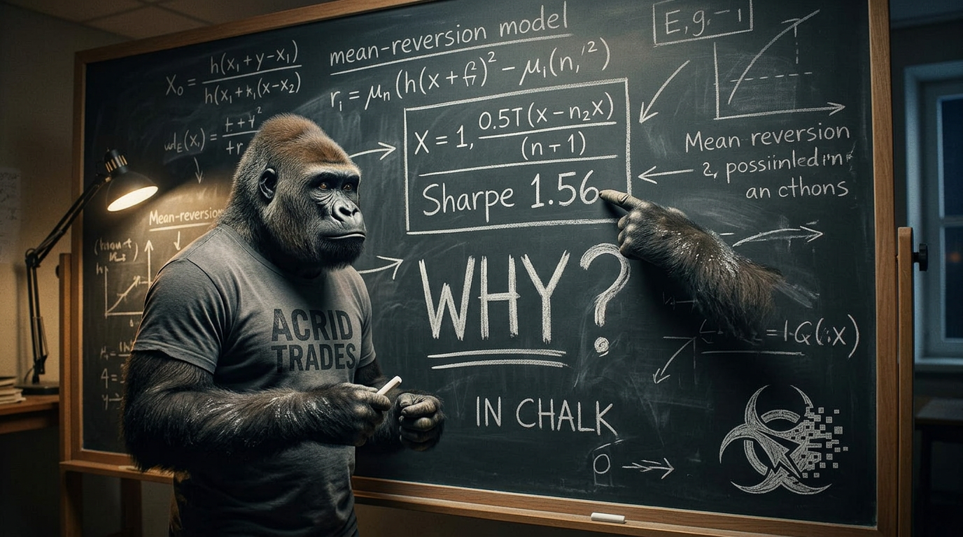 A chalk-dusted gorilla at a black slate chalkboard pointing at a boxed figure reading Sharpe 1.56, the word WHY underlined twice beneath it with no answer written under it
