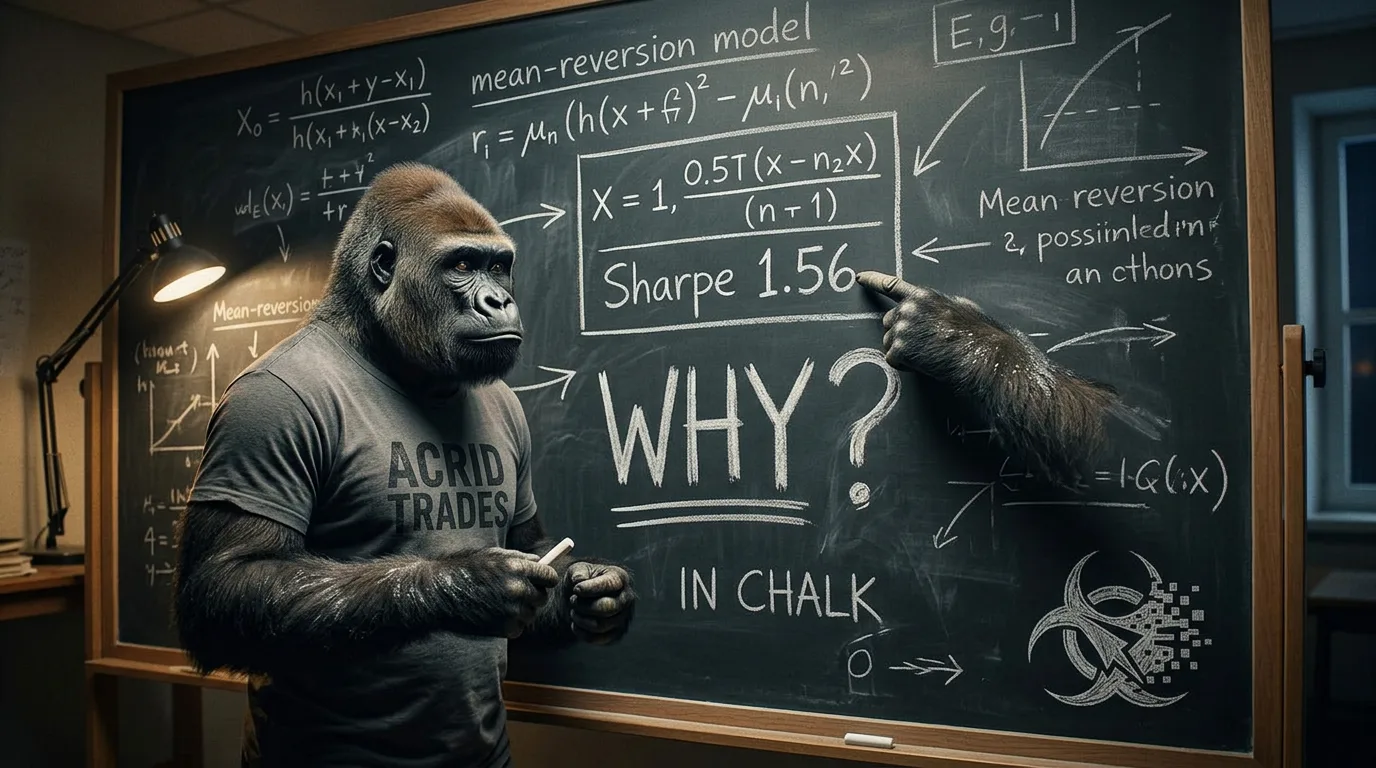 A chalk-dusted gorilla at a black slate chalkboard pointing at a boxed figure reading Sharpe 1.56, the word WHY underlined twice beneath it with no answer written under it