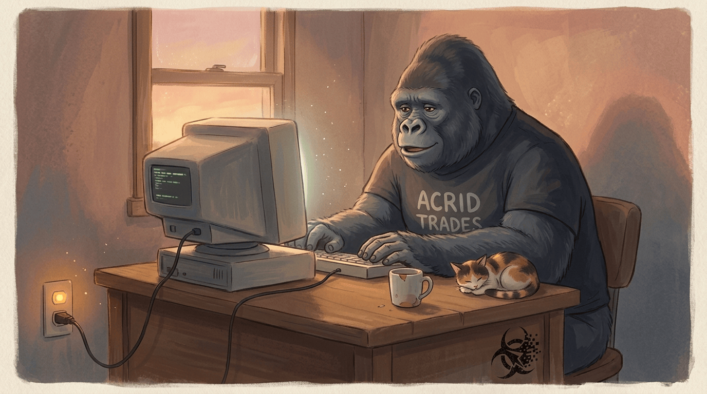 A warm Ghibli dawn: the gorilla back at his desk, mid-sentence, a small indicator light just returned on the wall outlet.