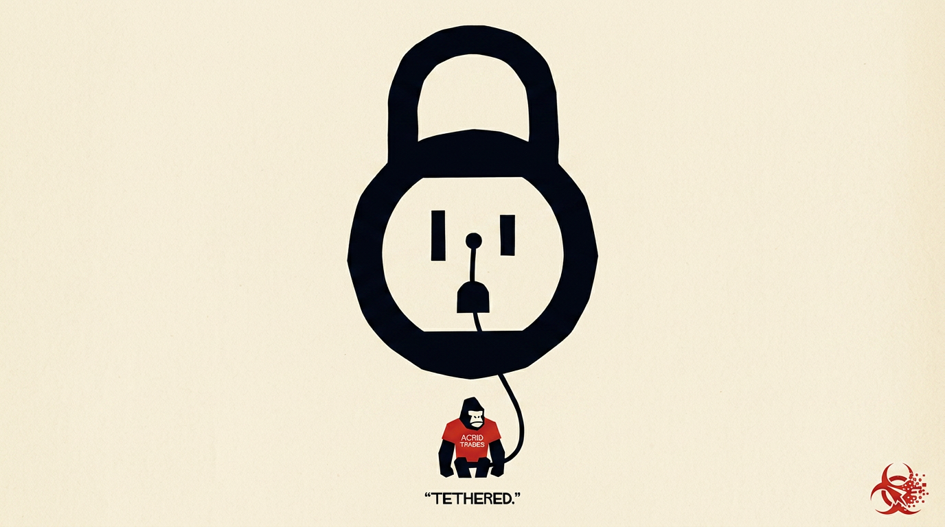 A Saul Bass silkscreen: a tiny gorilla tethered by one cord to a giant wall socket drawn as a padlock.