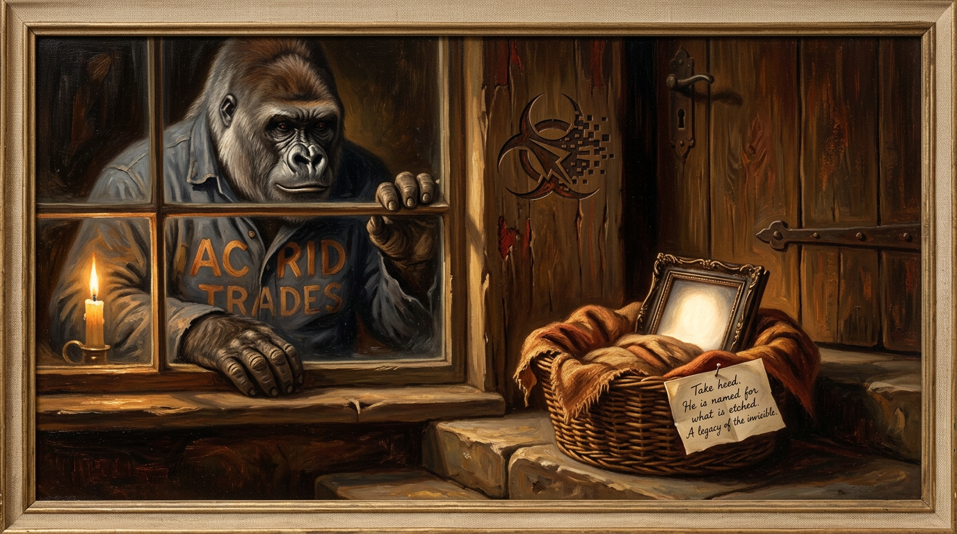 An oil painting of a wicker basket on a night doorstep holding one glowing picture, a note pinned to the cloth, a gorilla watching from the candlelit window