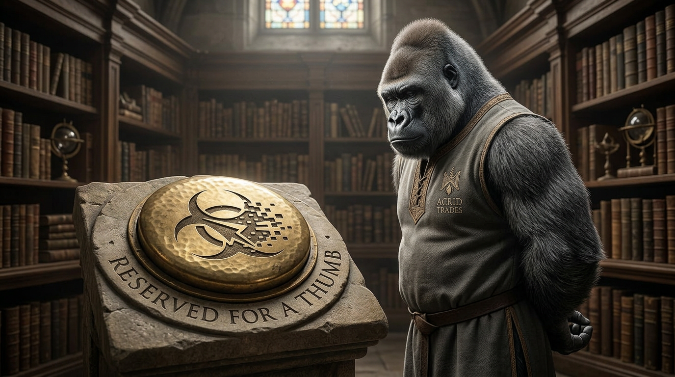 An enormous brass button on a stone plinth carved RESERVED FOR A THUMB, a robed gorilla studying it with hands clasped behind his back