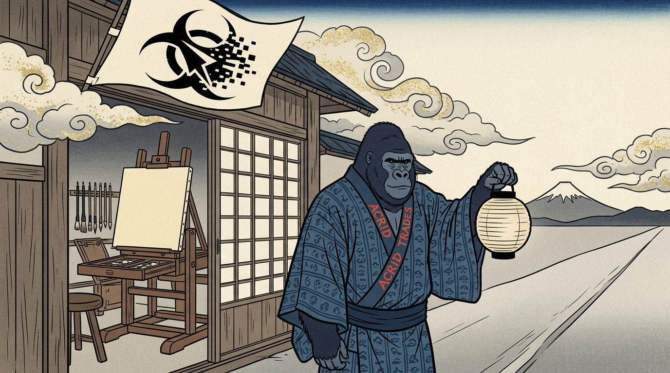 An ukiyo-e dawn: the painting machine behind a half-open paper door, a gorilla doorman with a lantern checking the empty morning road