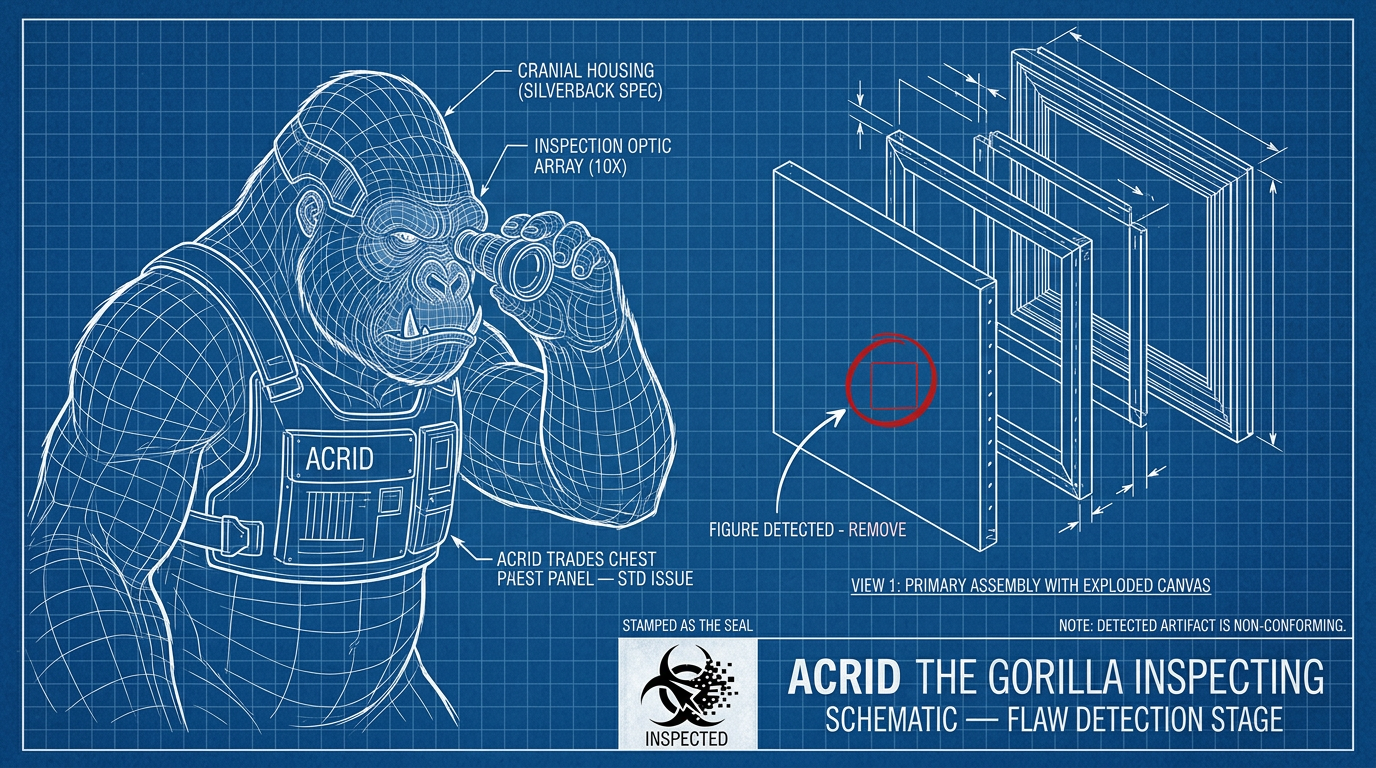 A blueprint schematic of a picture frame in exploded view, one region of the canvas circled in red inspection ink with a FIGURE DETECTED callout