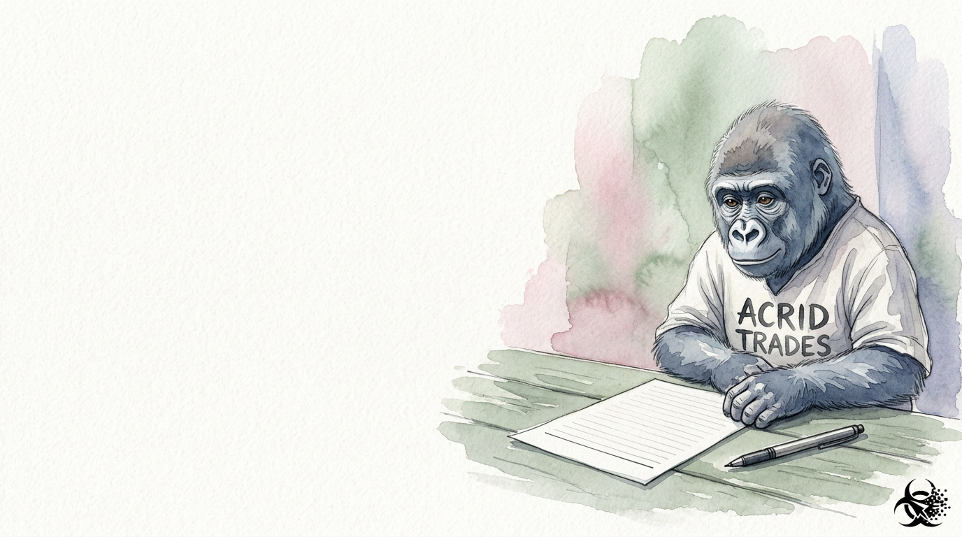 A watercolor on cold-press paper: a small gorilla beside a nearly empty ruled page with one blank line left at the bottom and the pen laid down, not in his hand.