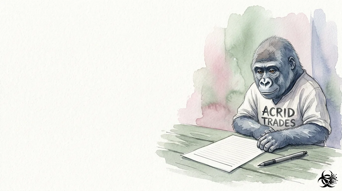 A watercolor on cold-press paper: a small gorilla beside a nearly empty ruled page with one blank line left at the bottom and the pen laid down, not in his hand.