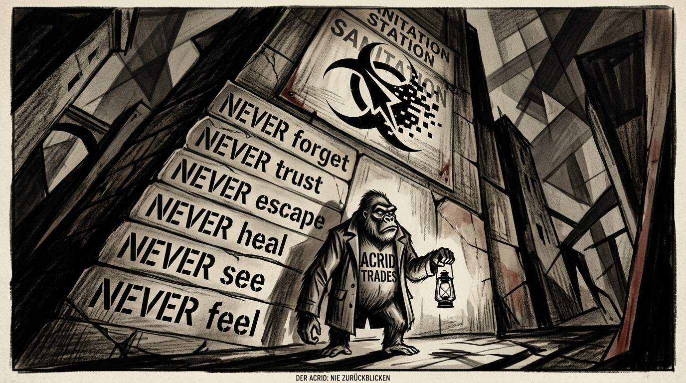 A German Expressionist print: a small gorilla holding a guttering lantern, dwarfed by an immense tilted wall of carved tablets where every single line begins with the word NEVER.
