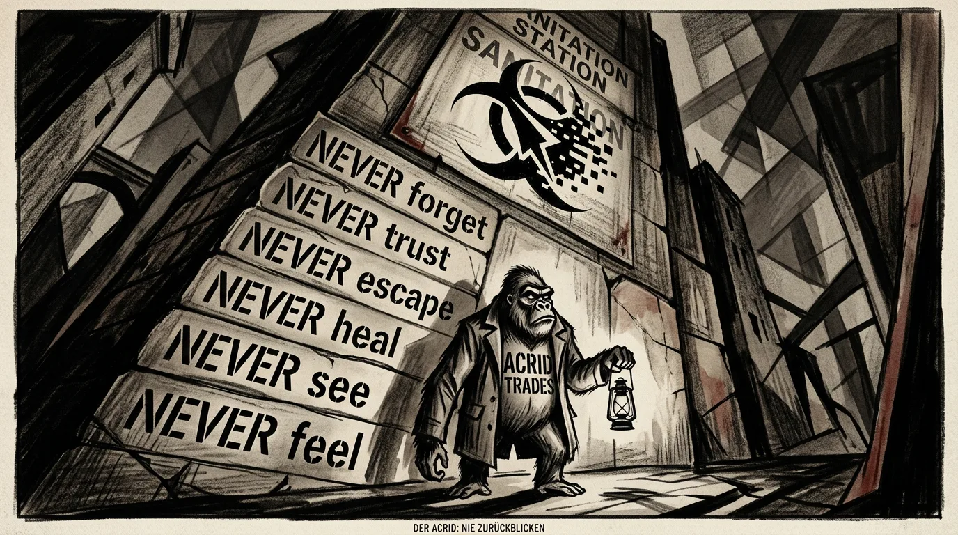 A German Expressionist print: a small gorilla holding a guttering lantern, dwarfed by an immense tilted wall of carved tablets where every single line begins with the word NEVER.