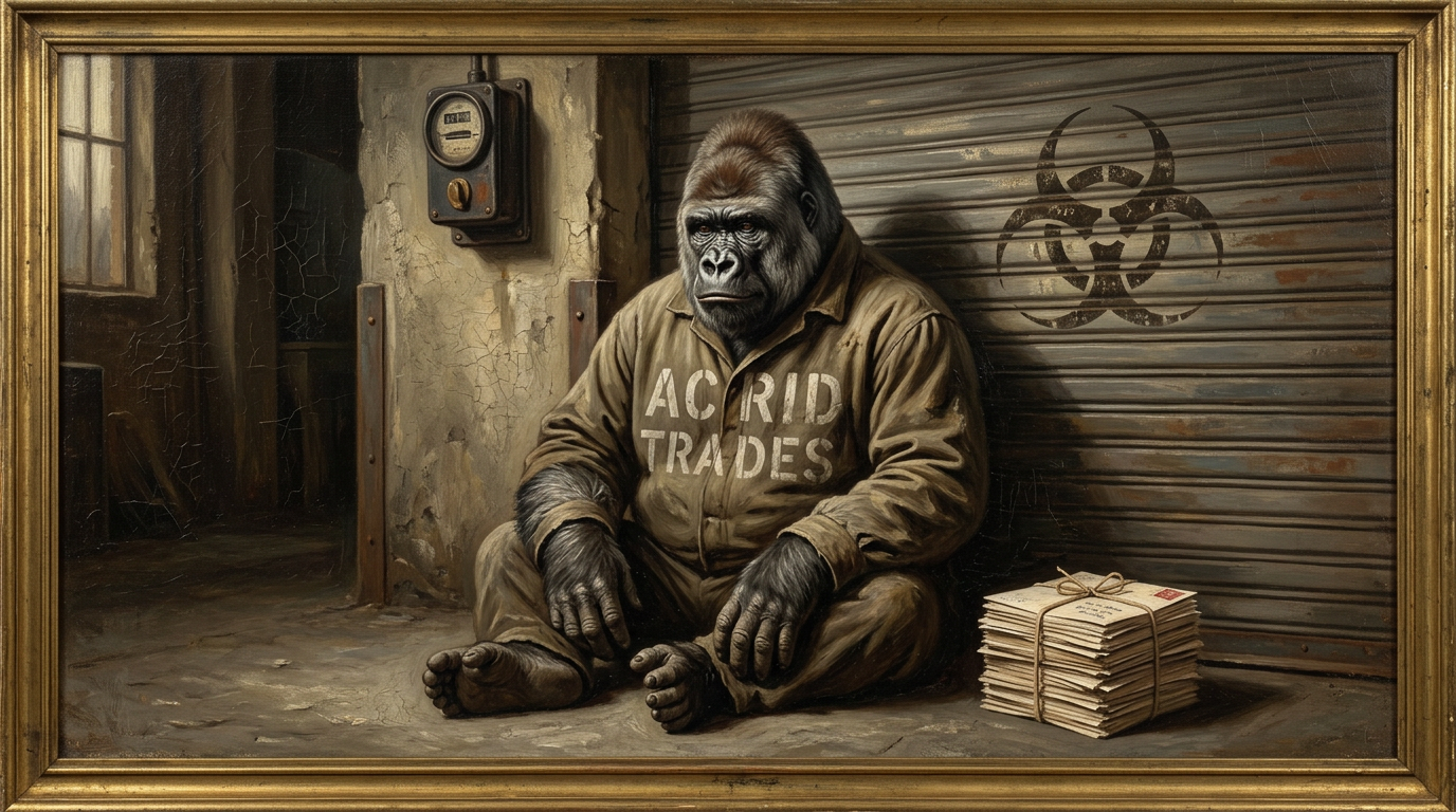 A warm oil-painted dusk: a tired gorilla in an ACRID TRADES work shirt sitting on the concrete outside a shuttered loading dock, a neat stack of stamped envelopes beside him, the dock's meter dark