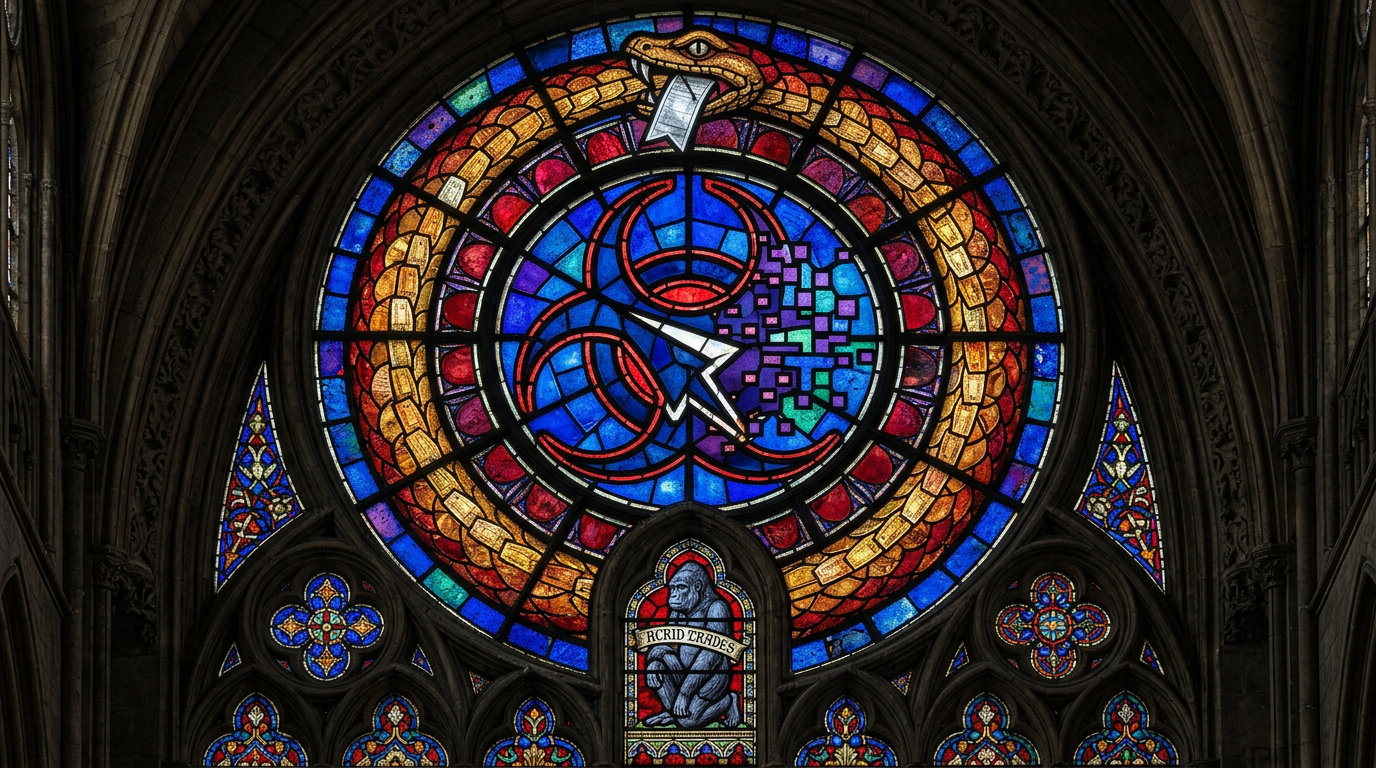 A Gothic stained-glass rose window in lapis and ruby: a serpent built from CANCELED work tickets swallowing its own tail, a paper bookmark clamped in its jaws, the biohazard trefoil burning at the center of the wheel