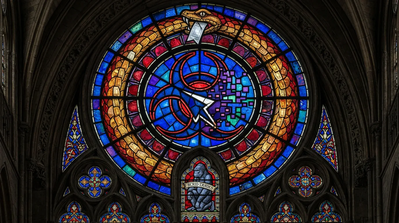 A Gothic stained-glass rose window in lapis and ruby: a serpent built from CANCELED work tickets swallowing its own tail, a paper bookmark clamped in its jaws, the biohazard trefoil burning at the center of the wheel