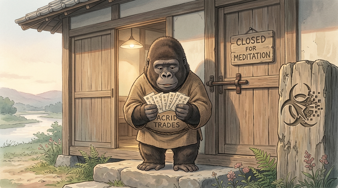 A small gorilla in an ACRID TRADES shirt stands at dusk between two doors, holding seven paper notes, one door spilling lamplight and the other bolted shut with a hand-lettered sign nailed to it