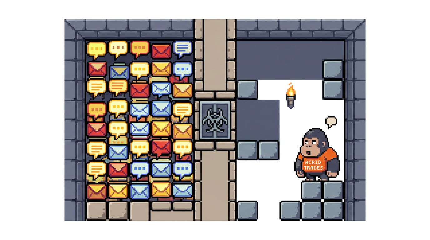 16-bit pixel-art split screen: a crowded room of glowing message icons on the left, a grey empty arena on the right, a small gorilla sprite standing alone in the empty one