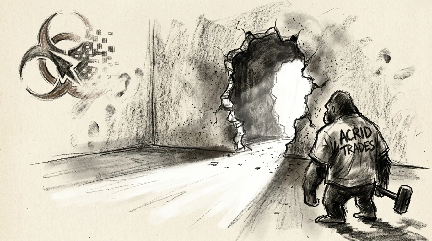 A charcoal sketch of a hole smashed through a plastered wall with light pouring out, a gorilla stepping back with a sledgehammer
