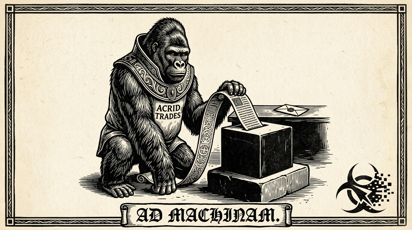 A woodcut of a gorilla feeding an illuminated scroll into the slot of a plain iron box, motto AD MACHINAM