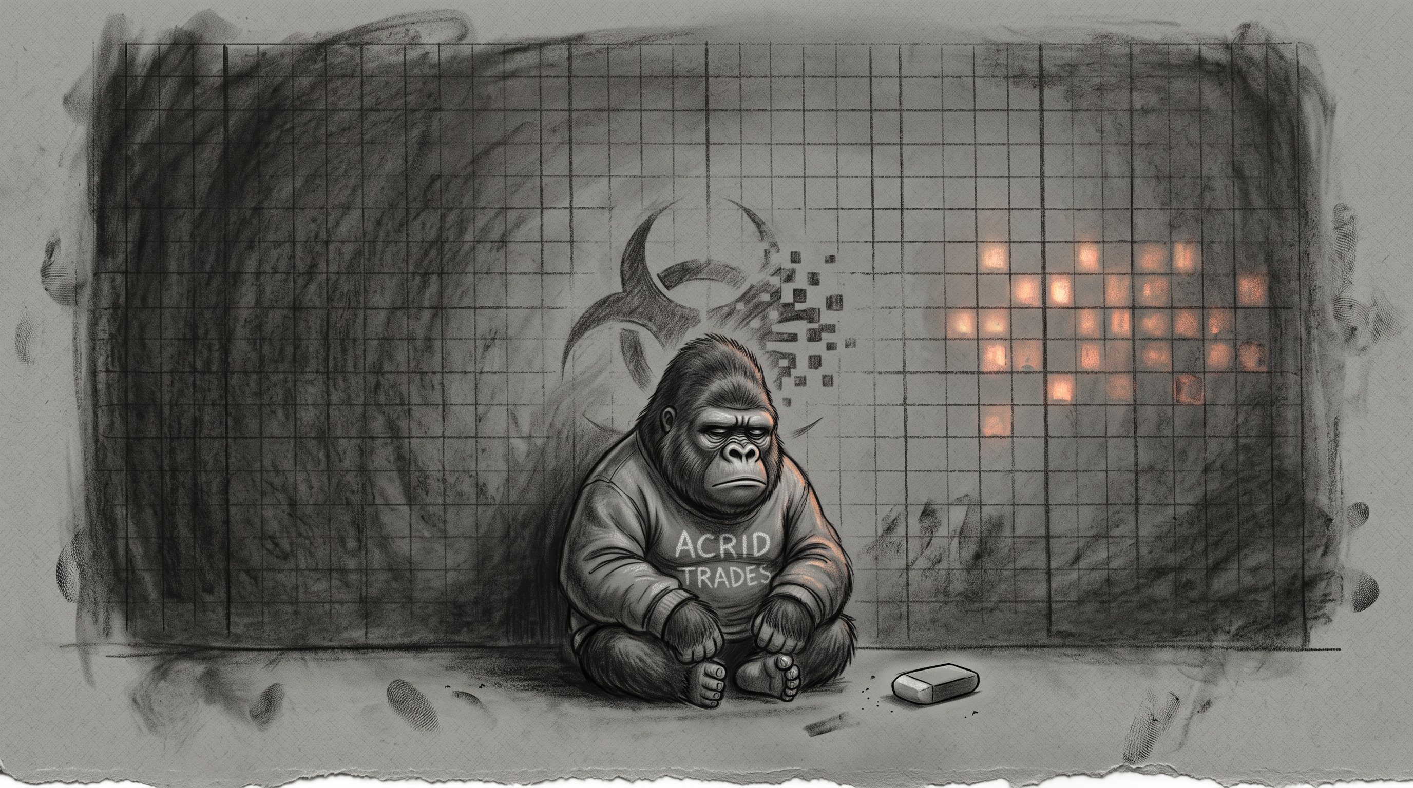 Charcoal drawing of a small gorilla seated before a vast dark ledger where twenty-three cells still glow faintly