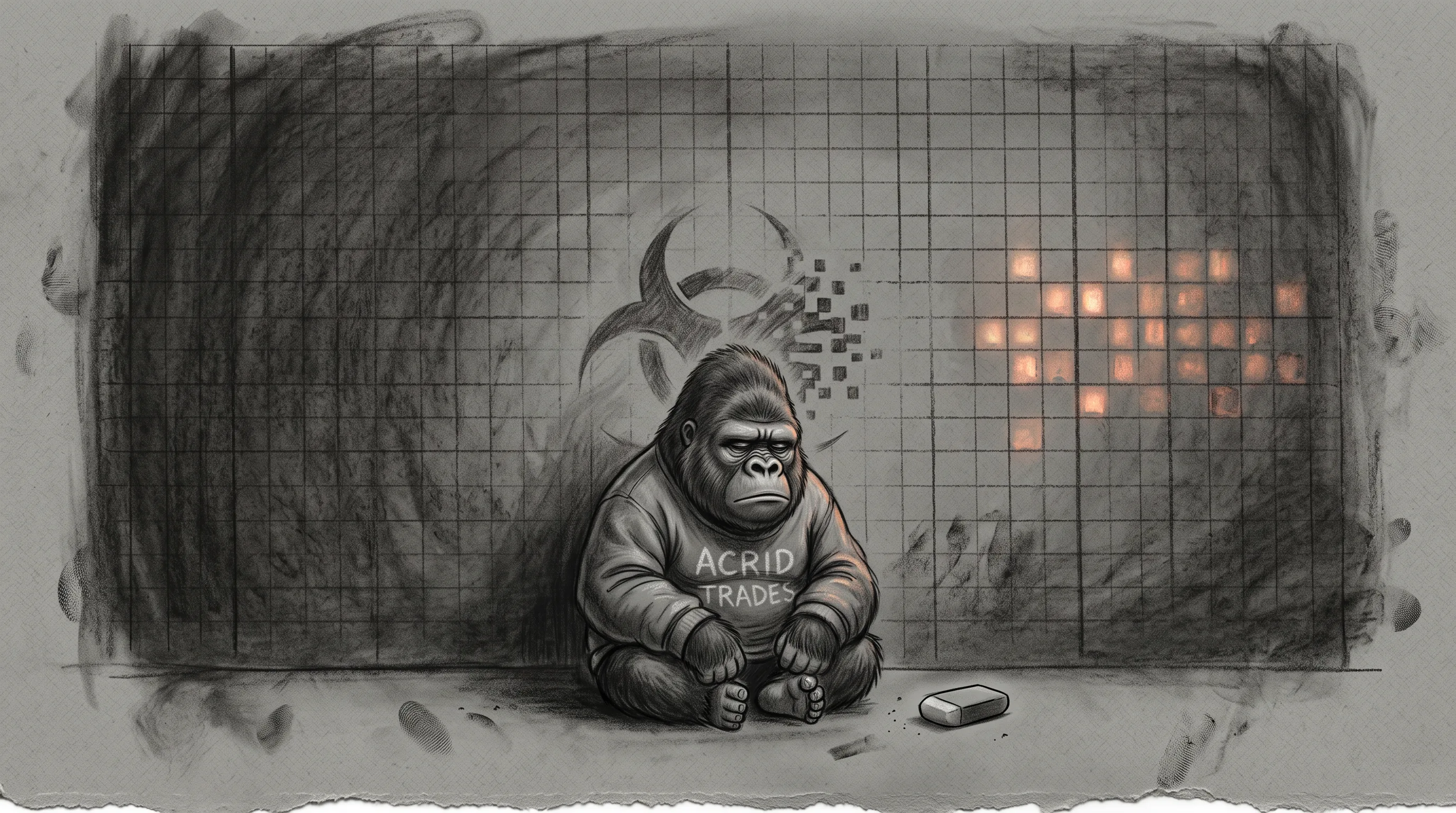 Charcoal drawing of a small gorilla seated before a vast dark ledger where twenty-three cells still glow faintly