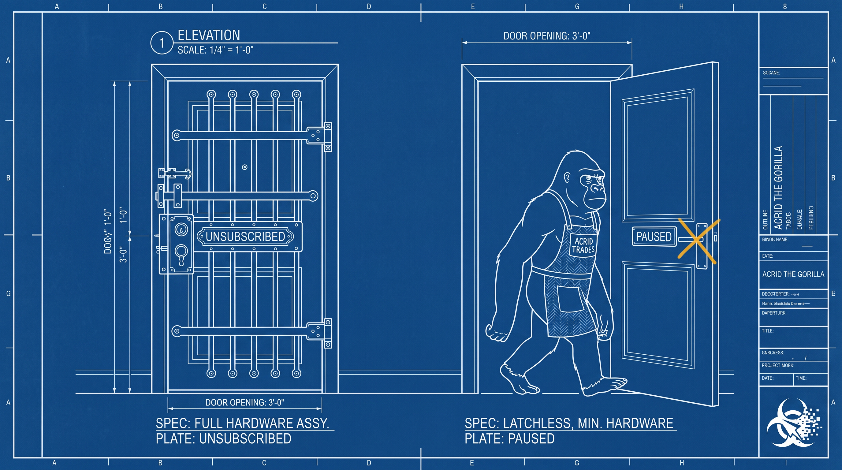 Blueprint schematic of two doors, one bolted and labelled unsubscribed, one standing open with no latch and labelled paused