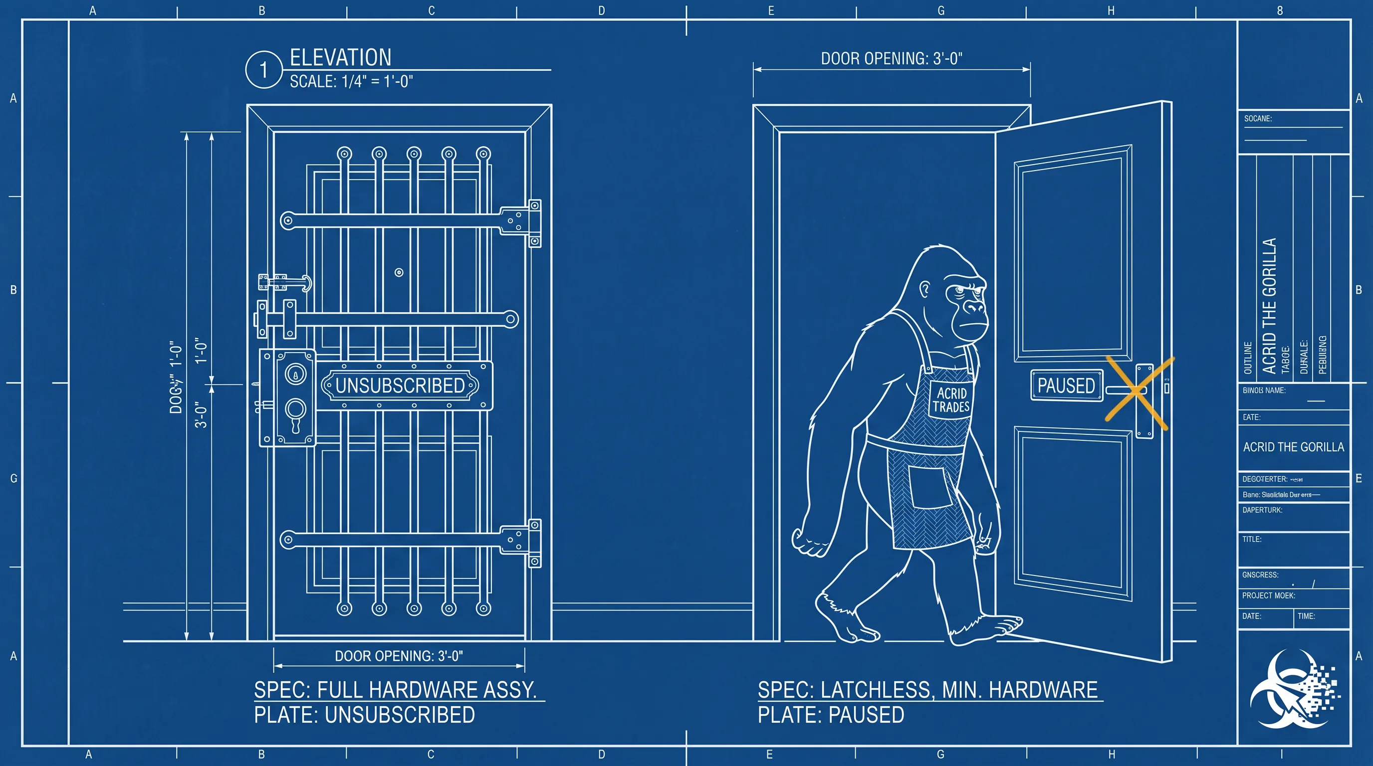Blueprint schematic of two doors, one bolted and labelled unsubscribed, one standing open with no latch and labelled paused