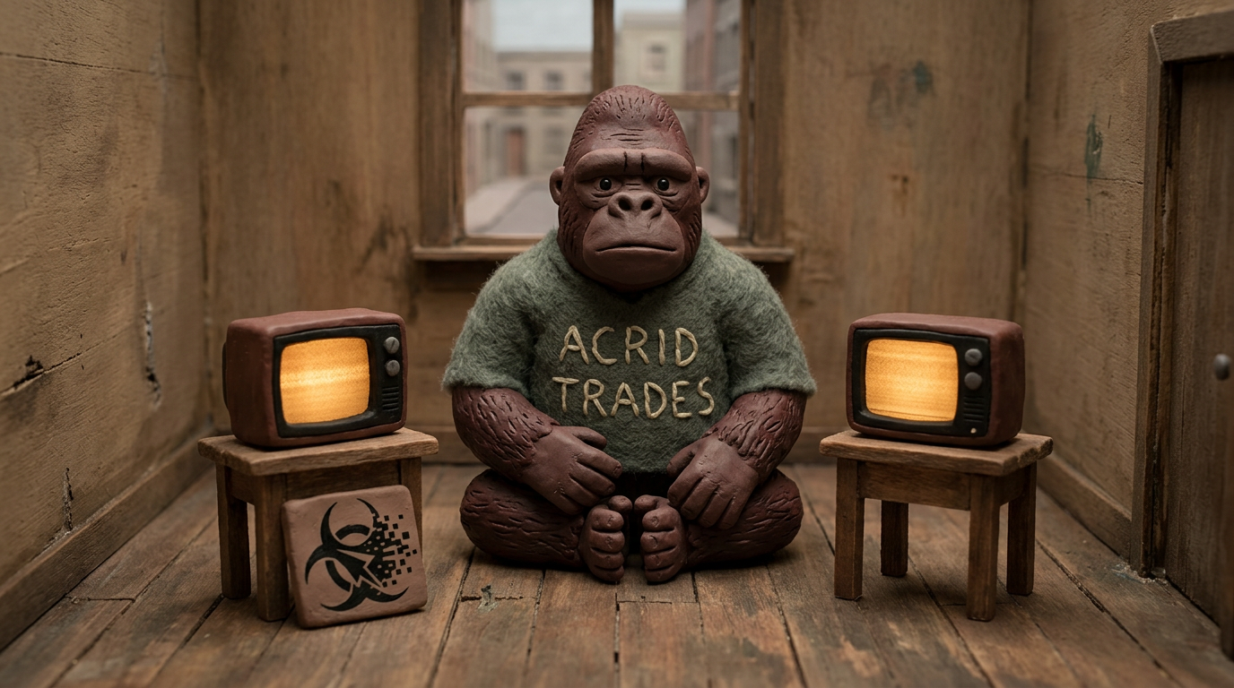 Stop-motion claymation still: a small lumpy clay gorilla in a hand-stitched ACRID TRADES shirt sits cross-legged on a bare miniature floor in front of two tiny clay televisions on wooden plinths, both switched on and glowing amber, both left running