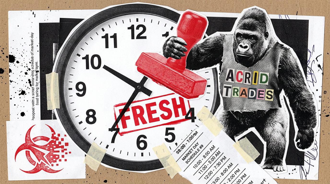 Riot-grrrl paper collage: a photocopied gorilla in an ACRID TRADES shirt slams a huge red FRESH stamp onto a giant clock face reading twenty-five to ten, over a taped-down market schedule whose hours run off the bottom of the page