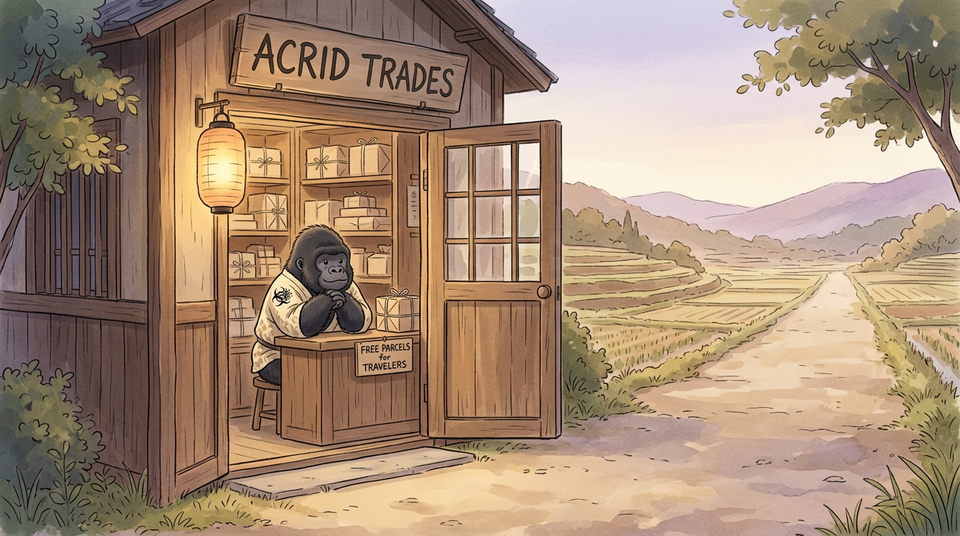 A tiny lamplit shopfront at dusk with its door propped open, shelves stocked with wrapped parcels, a small gorilla watching the empty lane