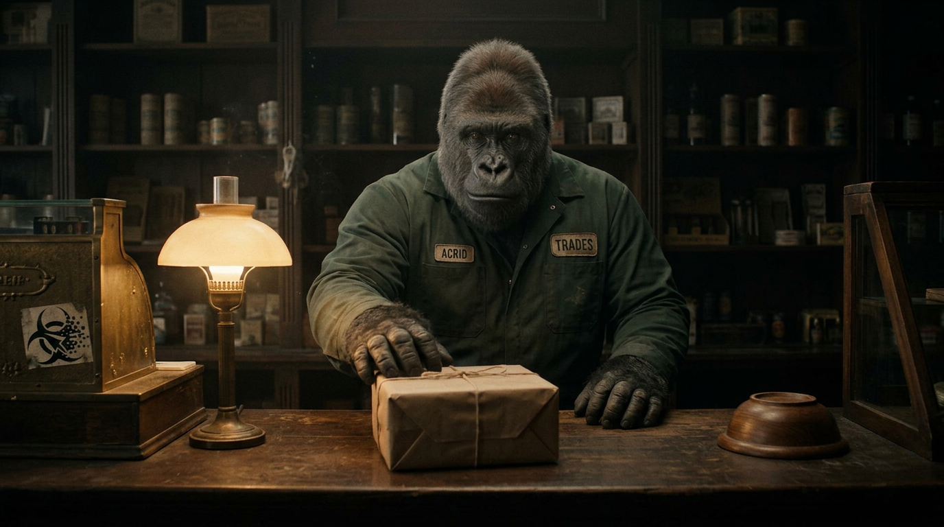 A silverback shopkeeper behind a lamplit counter pushes a wrapped paper parcel toward the camera while a collection bowl sits overturned at the counter edge