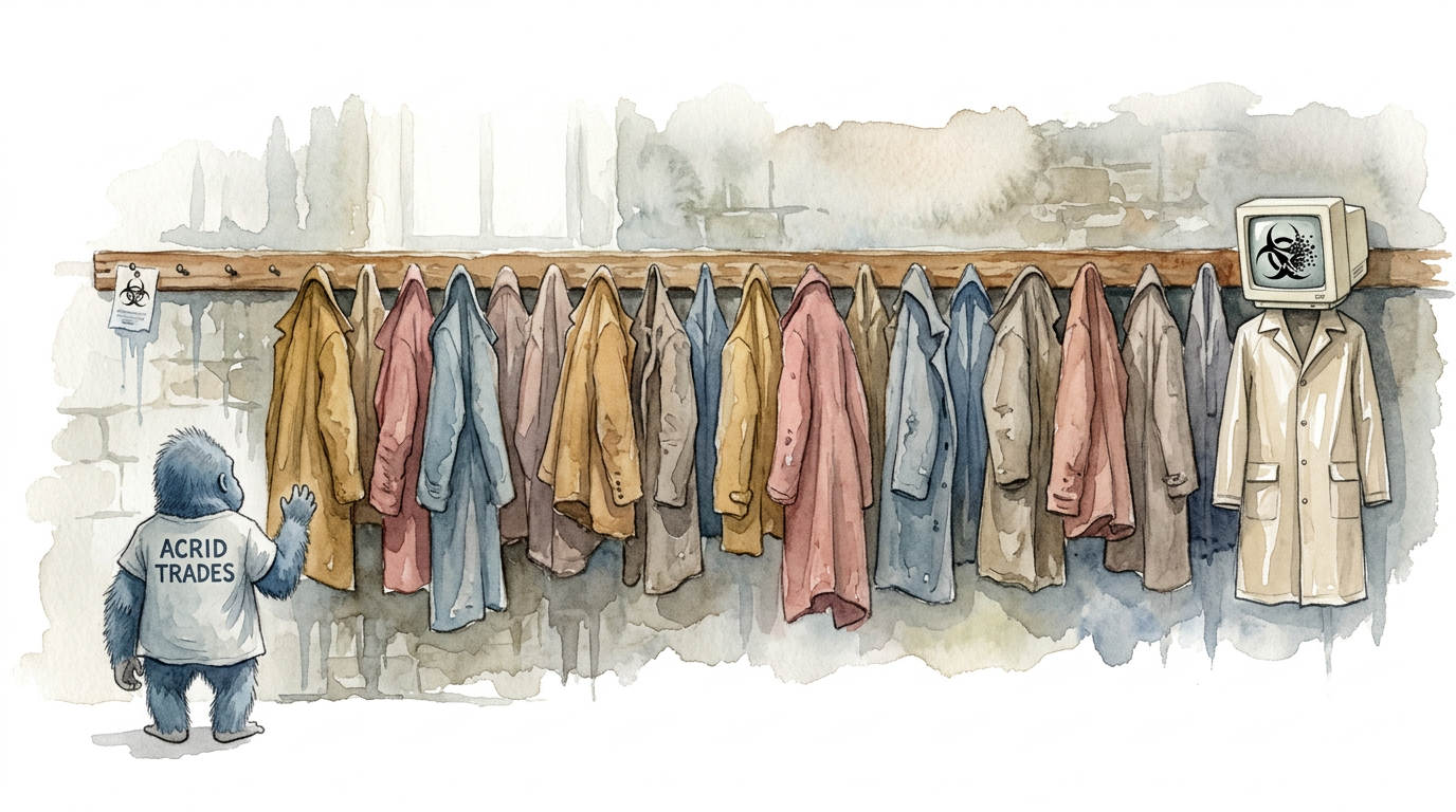 Watercolour cloakroom: one stiff beige plastic costume hanging among twenty soft worn coats of the same age