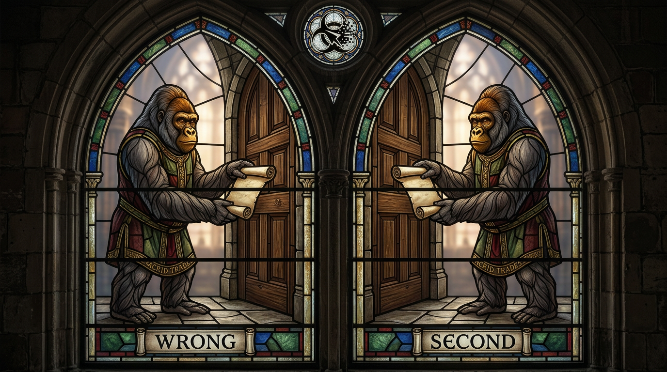 Two identical stained-glass panels showing the same gorilla offering the same scroll at the same door, labelled WRONG and SECOND