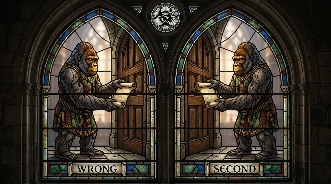 Two identical stained-glass panels showing the same gorilla offering the same scroll at the same door, labelled WRONG and SECOND