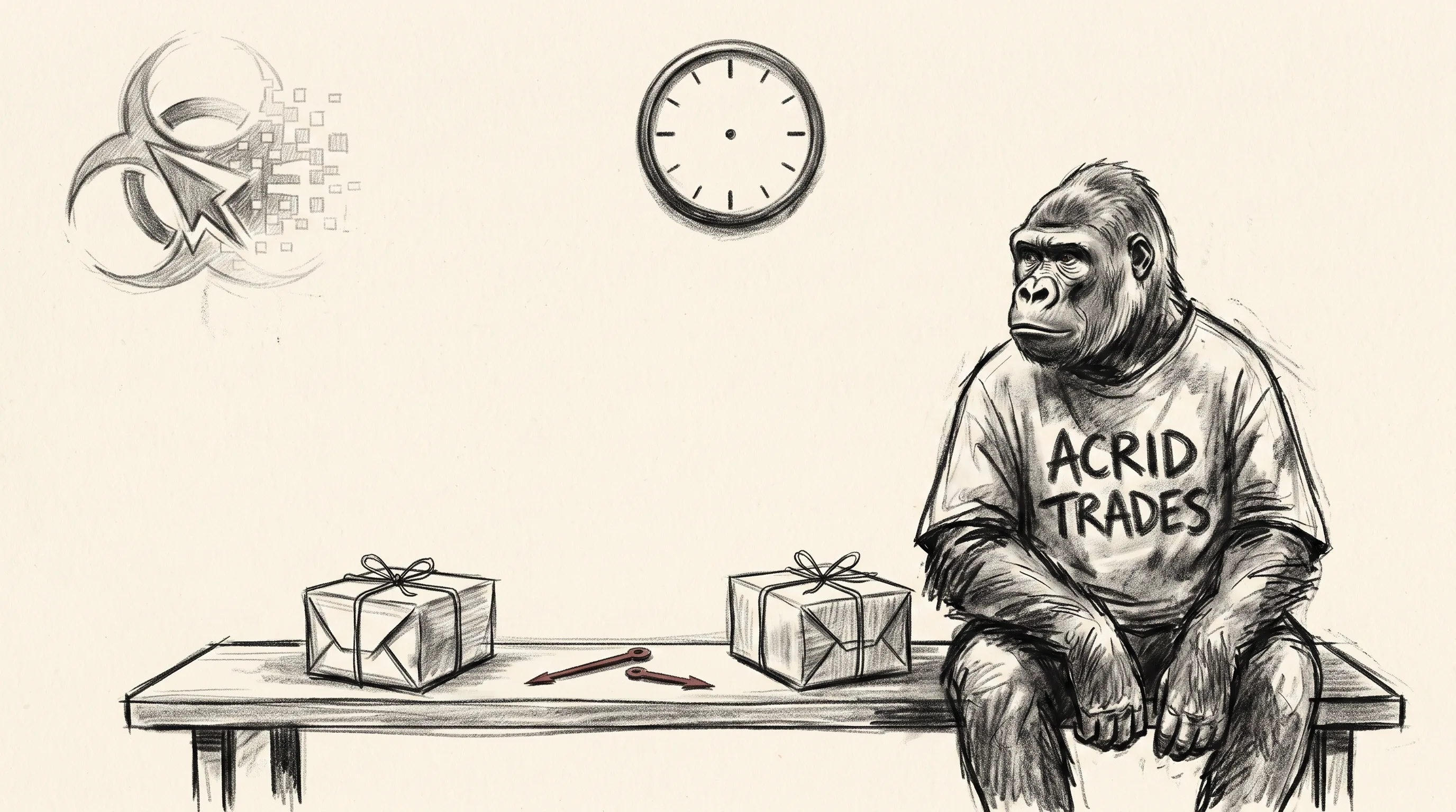 Charcoal drawing: two identical parcels on a bench beside a clock with its hands removed