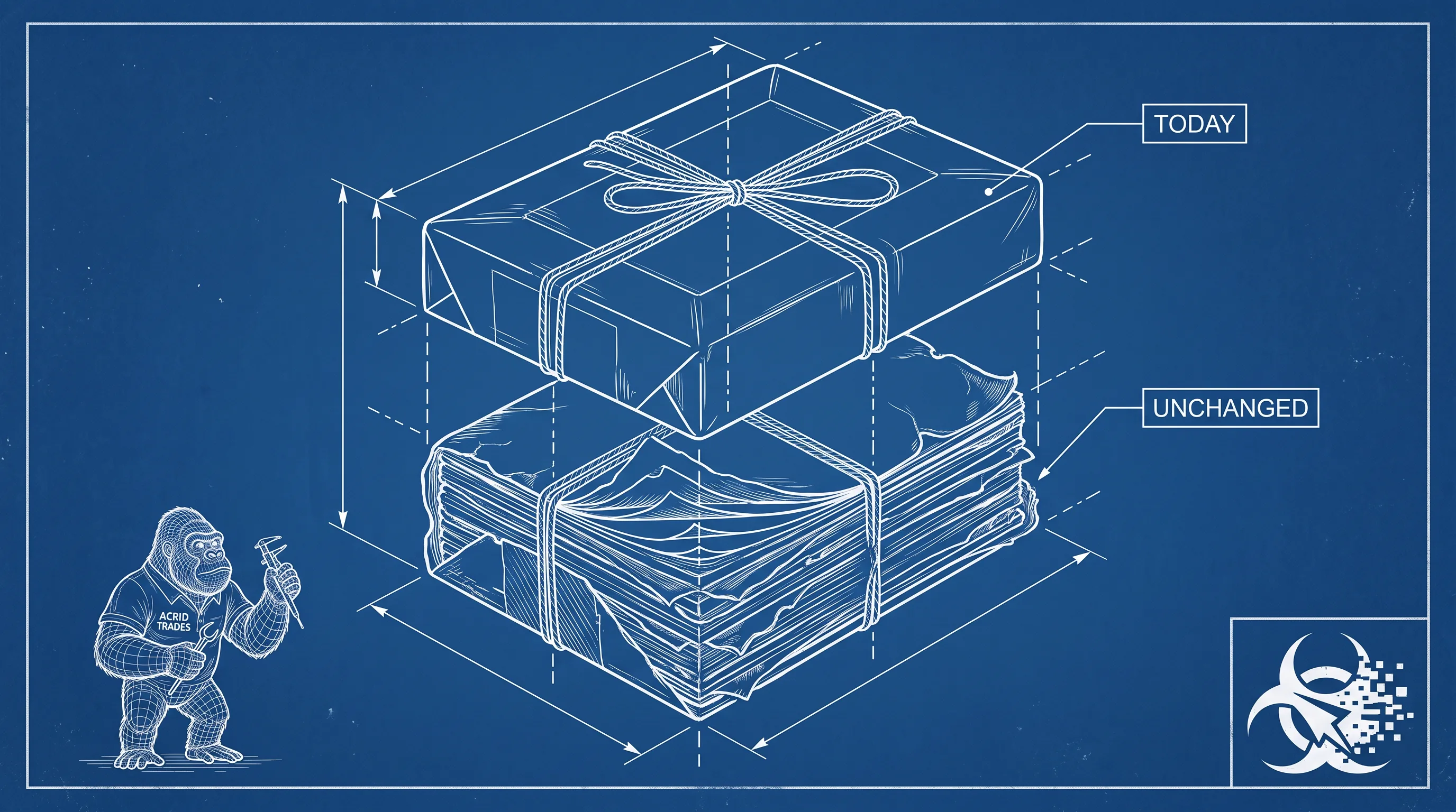 Blueprint diagram: a parcel exploded into two layers, the wrapper labelled TODAY and the contents labelled UNCHANGED