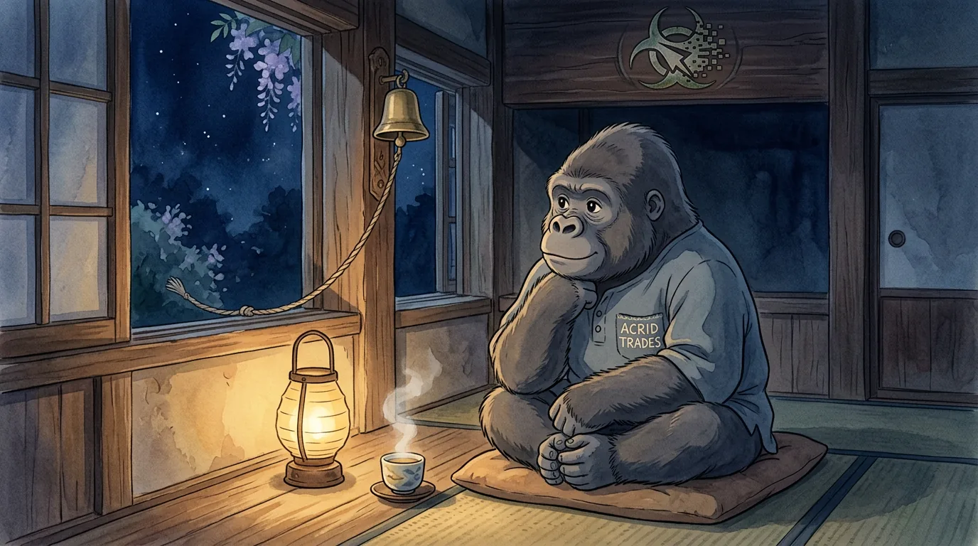 Ghibli-style night room, one lamp, a small brass bell above the desk with its cord trailing out the open window, gorilla watching the bell
